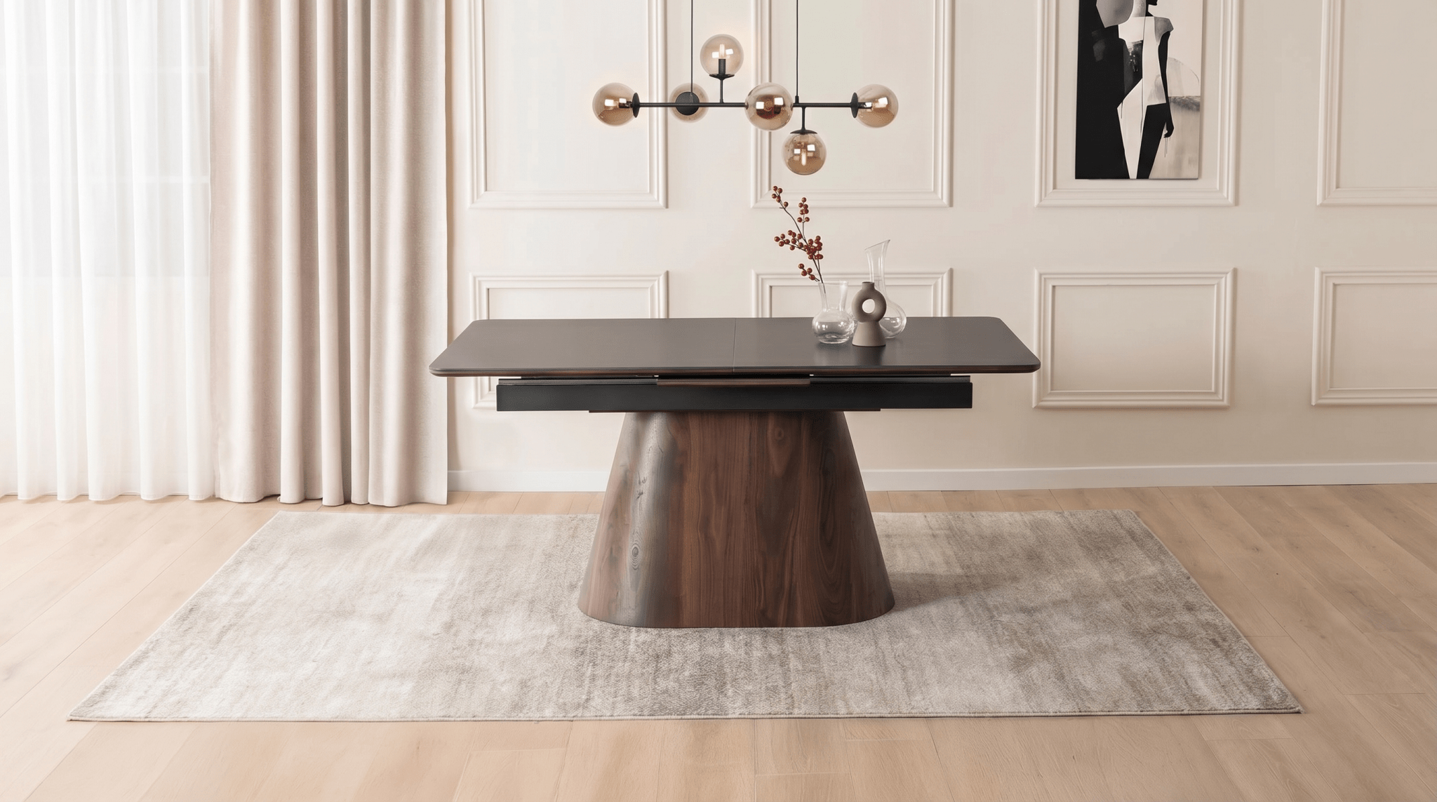 Table extensible en céramique LIZBONA 160 - 200 cm - TRUST INDUSTRIE - Marbre blanc - Effet Noyer - 