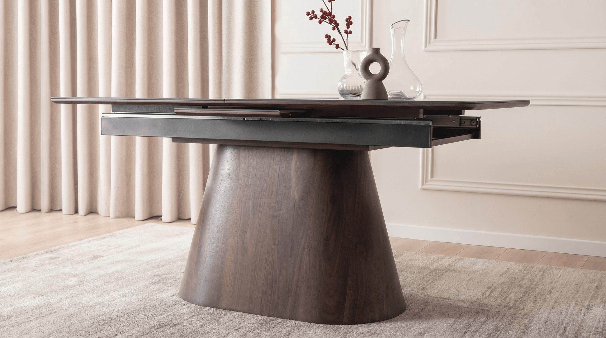 Table extensible en céramique LIZBONA 160 - 200 cm - TRUST INDUSTRIE - Marbre blanc - Effet Noyer - 