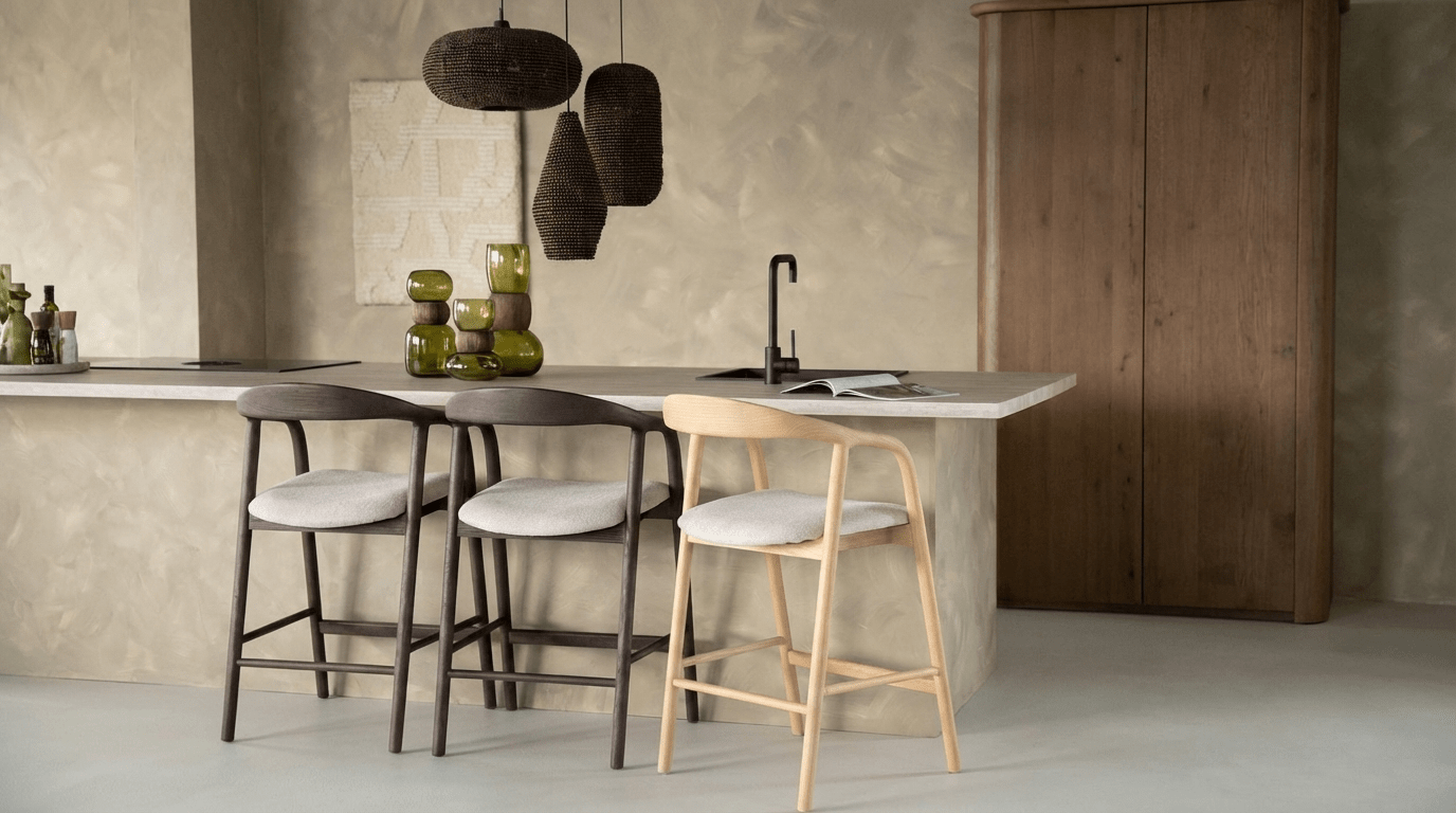 Tabouret de bar RAYVEN design en bois et tissu - TRUST INDUSTRIE - Beige - 